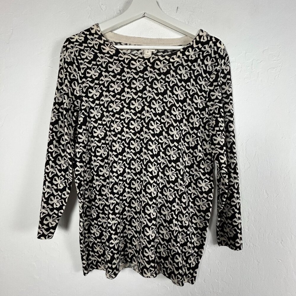 J. Crew Womens Black & Cream Bow Pattern Merino Wool Pullover Sweater Medium